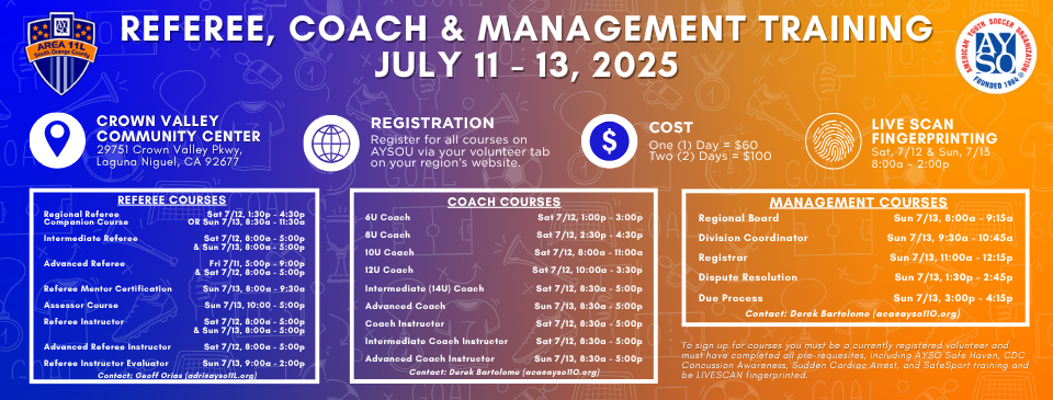 Area 11L - Coach, Referee & Management Training (July 11th-13th)