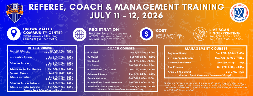 Area 11L - Coach, Referee & Management Training (July 11th-12th)